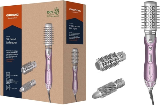 Aparat de coafat pentru volum si bucle GRUNDIG HS 6220, 1100 W, 3 perii termice, invelis ceramic cu ulei de lotus roz, protectie la supraincalzire, potrivit pentru toate lungimile de par, roz/argintiu