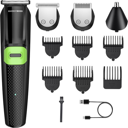 Kit de ingrijire a barbii BarberBoss multifunctional pentru barbati: masina de tuns, aparat de tuns nasul si urechile, aparat de tuns fara fir, ingrijire faciala, reincarcabil USB, impermeabil