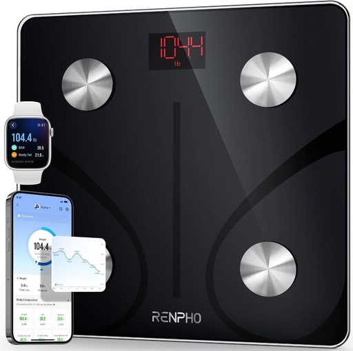 Cantar de baie RENPHO, cantar corporal din sticla securizata, Bluetooth, max. 180 kg, cantar inteligent cu 13 masuratori corporale (IMC/Grasime corporala/Masa osoasa/MBR/Muschi/Apa), Elis 1