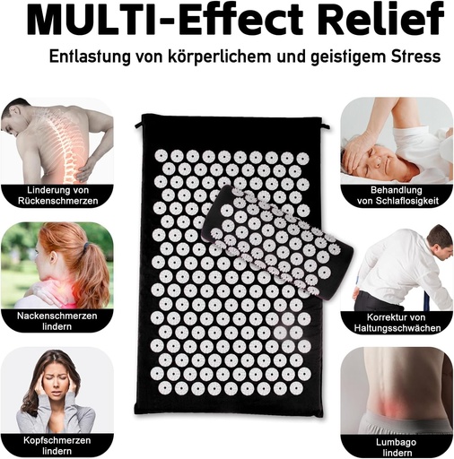 Saltea de presopunctura, saltea de acupunctura, saltea de presopunctura pentru ameliorarea durerilor de gat si spate, set de saltele de presopunctura pentru relaxarea musculara si reducerea stresului, saltea shiatsu pentru ameliorarea sciaticii, alb-negru