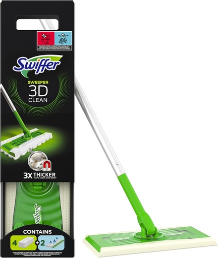 Kit de baza pentru mopul de curatare a prafului Swiffer 3D Clean (1 mop + 4 lavete uscate + 2 lavete umede), capteaza si blocheaza praful chiar si in crapaturi, pentru par de animale