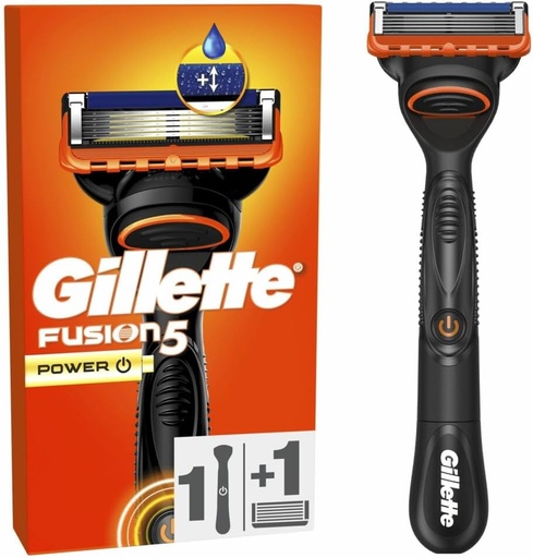 Aparat de ras Gillette Fusion5 Power pentru barbati, maner reutilizabil si cartus cu 5 lame ultra-ascutite, cu banda lubrifianta pentru un barbierit facial mai confortabil, 1 rezerva pentru 20 de barbierituri