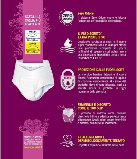 Lines Specialist Lady Pants Discreet, pantaloni absorbanti pentru incontinenta pentru femei, talie joasa, feminini si discreti, fara miros si bariere laterale de protectie, marimea L, 2 pachete a cate 7 unitati