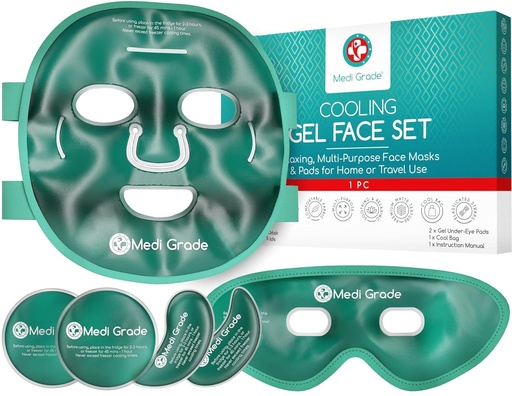 Masca faciala racoritoare de calitate medie pentru intreaga fata si masca pentru sub ochi – cu gel pentru ochi – husa racoritoare inclusa – reduce umflaturile