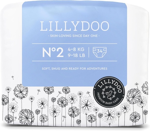 Scutece LILLYDOO prietenoase cu pielea - marimea 2 (4-8 kg), 34 de unitati, protectie impotriva scurgerilor, moi, fara parfum si fara lotiune si testate dermatologic