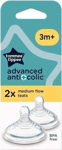 Tetina pentru biberon Tommee Tippee Advanced Anti-Colic, debit mediu, 3+ luni, inchidere naturala, tip san, valva anticolici, silicon moale, pachet de 2