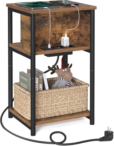 VASAGLE Masuta laterala, Noptiera mica cu prelungitor, Subtire, 2 prize CA, 2 porturi USB, 30 x 34 x 58 cm, pentru living, dormitor, Maro rustic si negru LET375B01