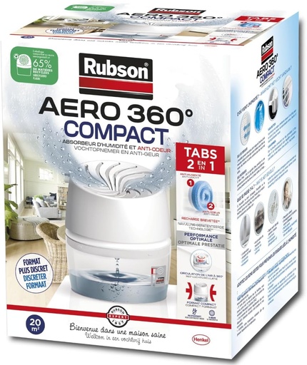Rubson AERO 360° Compact Moisture Absorber (1 unitate + 1 x 450g reumplere) – Dezumidificator de aer cu eliminare a mirosurilor – Absorbitor de umiditate si condens