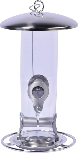 dobar® 10089 Hranitoare pentru pasari cu bucla din otel inoxidabil - Statie de hranire pentru pasari salbatice - Dozator de seminte din sticla acrilica - Tava de hranire din otel pentru gradina/terasa/balcon - Ø 14 cm x 26 cm - Argintiu