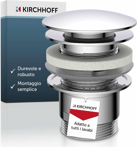 KIRCHHOFF Design Racord universal pentru scurgerea lavoarului, Dop de chiuveta pop-up, Supapa de scurgere cu preaplin, Dop de scurgere pentru chiuvete de baie si dulapuri de lavoar, Crom 98807330