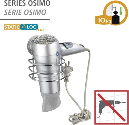 Suport pentru uscator de par WENKO Static-Loc Plus Osimo, suport pentru uscator de par cu cablu, se ataseaza fara gaurire, fixare sigura prin electricitate statica pe suprafete netede si etanse, 14 x 13 x 11 cm