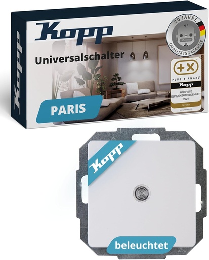 Intrerupator iluminat universal Kopp PARIS in alb arctic - Intrerupator de lumina incastrat cu capacitate de comutare 10AX - Intrerupator IP20 de inalta calitate cu terminale de conectare - Intrerupator elegant cu doua cai, incastrat, 250V~