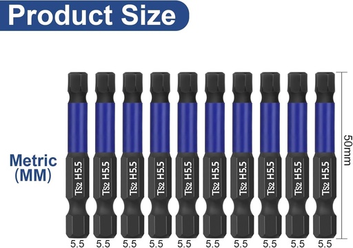 Set biti hexagonali HPHOPE, HEX 5,5 mm, 10 bucati, lungime 50 mm, tija hexagonala de 1/4" cu magnetism.