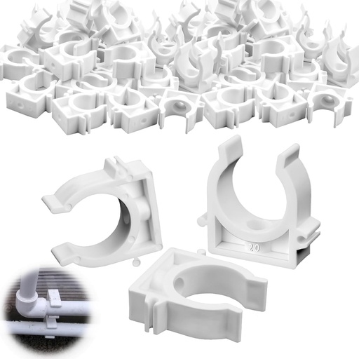 Set de cleme de teava SWTYExt, format din 60 de piese, diametru 20 mm, albe, fabricate din plastic PP, pentru conducte rigide, conducte goale si conducte izolate.