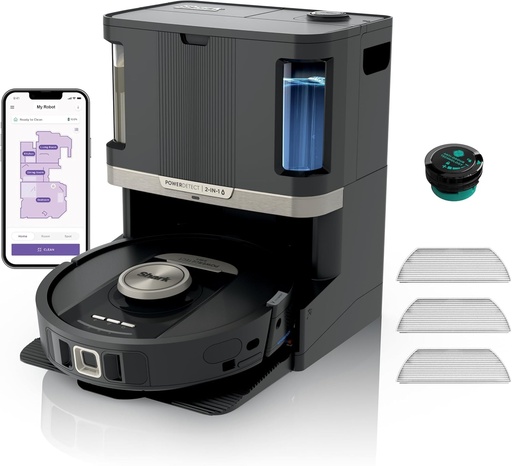 Aspirator robot si mop Shark PowerDetect 2 in 1, auto-golire NeverTouch Pro in 60 de zile, reumplere si curatare automata, navigare 3D/LiDAR, NeverStuck, control prin aplicatie, negru RV2800ZEEU