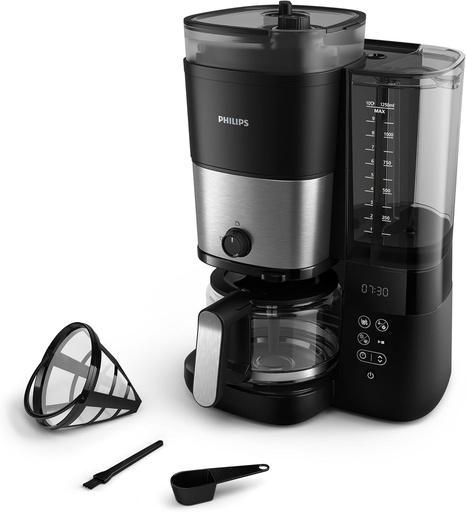 Aparat de cafea cu filtru Philips All-in-1 - Rasnita conica integrata pentru cafea proaspat macinata - Recipient dublu pentru boabe, carafa din sticla de 1,25 l, reglare individuala a intensitatii (HD7900/50)