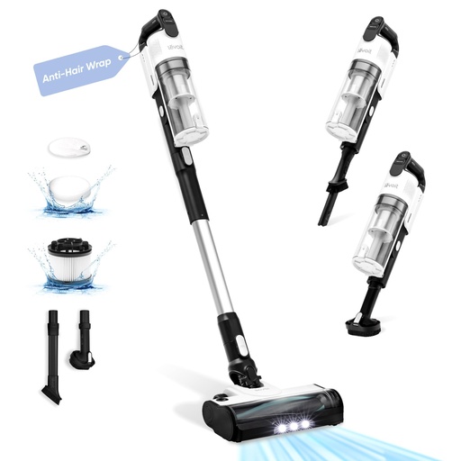 Aspirator vertical fara fir LEVOIT, anti-incurcare, usor, filtru cu 5 straturi (filtrare 99,9%), autonomie de pana la 50 de minute, lumina LED, accesorii 4 in 1 pentru par de animale, podele dure, masini, aspirator