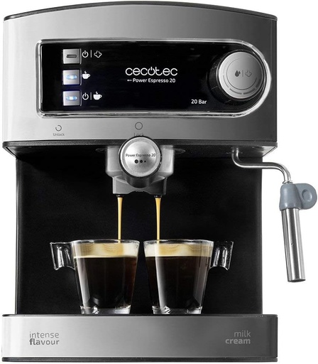 Espressor manual Cecotec Power Espresso 20. 850 W, presiune 20 bar, rezervor 1,6 l, brat dublu de scurgere, lance de abur, incalzitor de cesti, finisaj din otel inoxidabil
