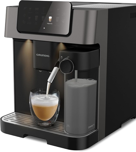Espressor automat GRUNDIG KVA 7230, 10 specialitati de cafea, 13 setari de macinare, recipient pentru lapte, putere puternica de 1350 W, presiune a pompei de 19 bari, duza dubla, iluminare, negru/argintiu inchis