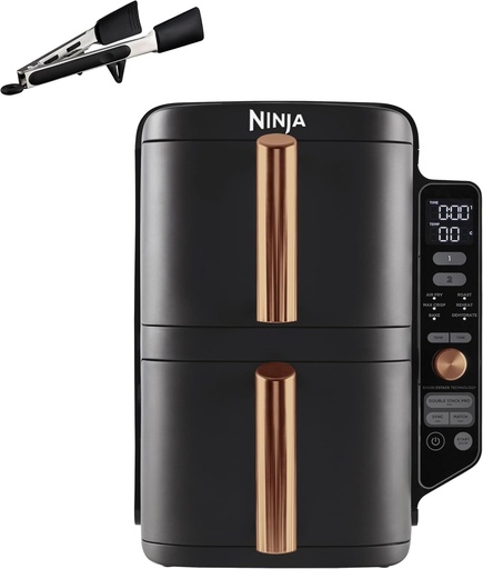 Friteuza cu aer Ninja Double Stack XL, 2 sertare verticale, 4 niveluri de gatire, 2 tavi, design compact, capacitate 9,5 l, 6 functii, 8 portii, cleste, negru/cupru SL400EUCP