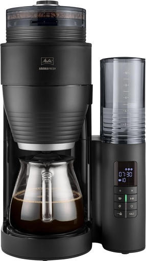 Cafetiera cu filtru Melitta AromaFresh Glass Basic X 1.5L, neagra, cu rasnita ceramica integrata noua, functie de temporizator, suport pentru filtru 1x4 pentru 10 cesti, 1030-06, 1080W