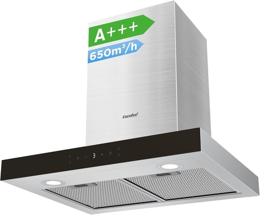 Hota de bucatarie COMFEE' CHW 7.6M77A3 A+++, 60 cm, cu recirculare/exhaustare, hota cu putere de aspirare puternica de 650 m³/h, 4 viteze, control tactil si prin gesturi, hota de perete cu filtru de carbon activ