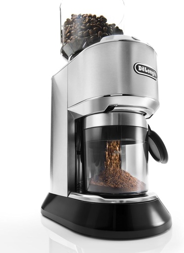 Rasnita electrica de cafea De'Longhi Dedica KG 521.M, afisaj LCD de 2,1" cu functie de aroma, carcasa integrala din metal, rasnita conica din otel inoxidabil, setari reglabile ale macinaturii, argintiu