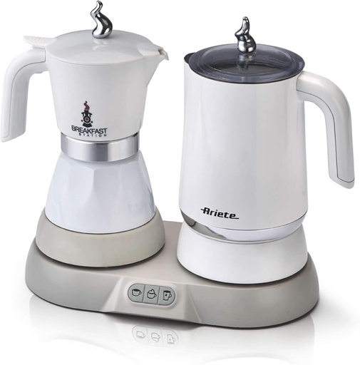 Statie de mic dejun Ariete 1344, 3 produse in 1: Spumator de lapte Moka - Cald si Rece, 500W, Capacitate 4/2 cesti, Mentine cafeaua calda, 5 functii, Alb