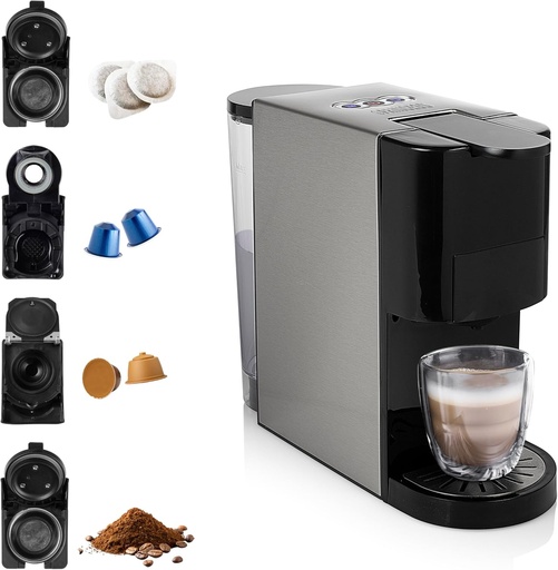 Espressor multicapsule Princess 4 in 1 – 1450 wati, capsule, pastai, cafea macinata, fara BPA, 249450, 01.249450.01.001, negru, argintiu