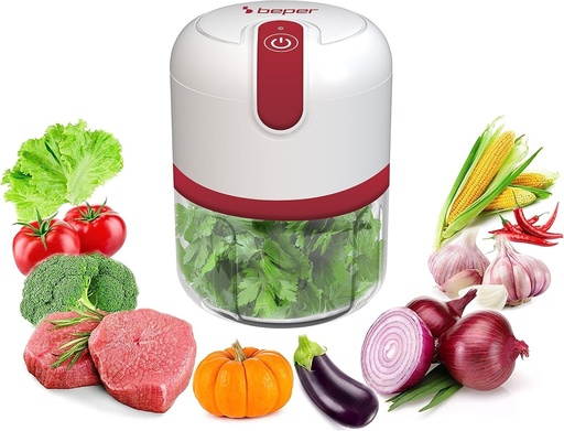Tocator BEPER P102ROB050 cu conexiune USB, mini robot de bucatarie, capacitate 250 ml, alimentare 3,7 V, 3 lame din otel inoxidabil, baterie reincarcabila, rosu/alb, alb
