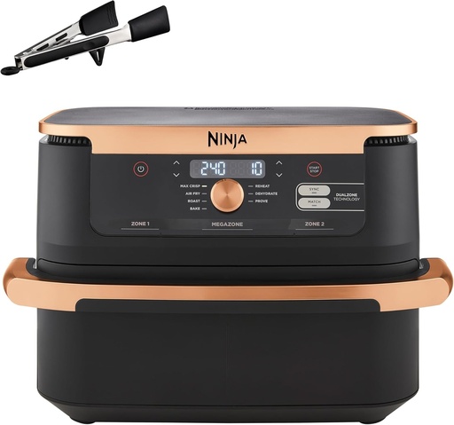 Friteuza cu aer NINJA Foodi FlexDrawer, zona dubla cu separator detasabil, sertar mare de 10,4 l, 7 in 1, zona dubla, componente antiaderente lavabile in masina de spalat vase, negru si cupru, AF500EUCP