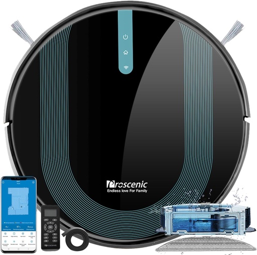 Aspirator robot cu mop Proscenic 850T, putere de aspirare de 3000 Pa, putere de aspirare puternica, autonomie de 120 de minute, grosime de 7,3 cm, ultra-subtire si silentios, conectat prin Alexa/aplicatie/IFTTT, pentru par de animale, covoare si podele dure