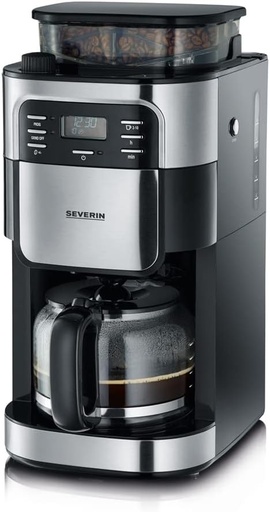 Espressor SEVERIN cu rasnita, espressor automat cu carafa de sticla si functie de temporizator, utilizabil si ca espressor cu filtru, carafa de cafea din sticla pentru 8 cesti, 1000 wati, otel inoxidabil periat / negru, KA 4810