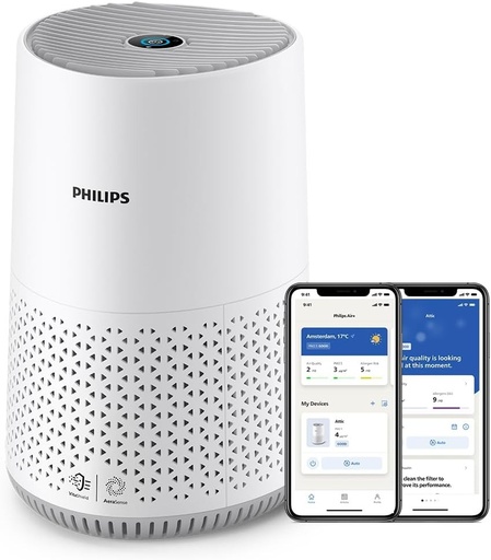Purificator de aer Philips seria 600, senzor inteligent, ideal pentru alergii, filtru HEPA care elimina 99,97% dintre poluanti, acopera pana la 44 m², control prin aplicatie, alb (AC0651/10)