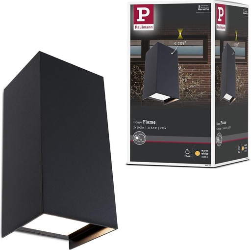 Paulmann 94325 Lampa de perete LED pentru exterior, flacara, pachet de 2, IP44, patrata, incl. 2x5,8 wati, antracit, aluminiu, 3000 K