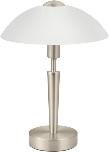 Lampa de masa Eglo SOLO 1, 1 lampa de masa in forma de flacara, material: otel, culoare: nichel mat, sticla: alb satinat, soclu: E14, variator tactil inclus