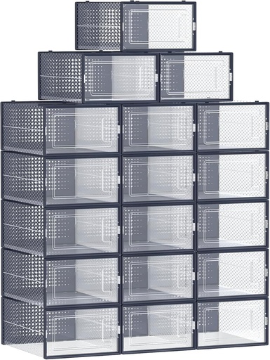 SONGMICS Cutii pentru pantofi, set de 18, depozitare pantofi, pliabile, pentru marimi de pana la 44, transparente si albastru carbon LSP18SB30