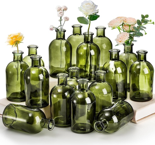 YOUEON Vaze din sticla verde, vaze mici cu muguri in pachet vrac, vaze de flori din sticla pentru centre de masa, vaze decorative vintage in forma de sticle pentru flori, decor pentru casa, receptie de nunta, birou, 16 piese
