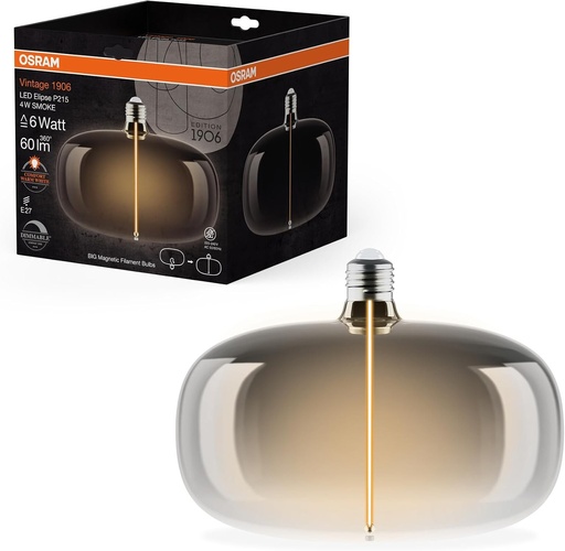 OSRAM Vintage 1906 Big Elipse este un bec cu filament LED eliptic, cu intensitate reglabila. Ofera 4 W si 60 lm, un soclu E27, un design fumuriu, un diametru de 215 mm, un indice de redare a culorilor (CRI) de 80 si o temperatura de culoare de 1800 K.