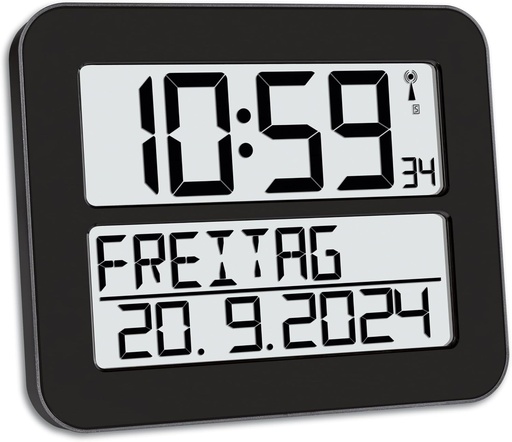 Ceas de perete digital radiocomandat TFA Dostmann Timeline Max, 60.4512.01, ceas radiocomandat usor de citit, ceas pentru dementa, ceas de bucatarie, cu ziua saptamanii si data scrise pe litere, cu functie de alarma, 25,8 x 3 x 21,2 cm, negru