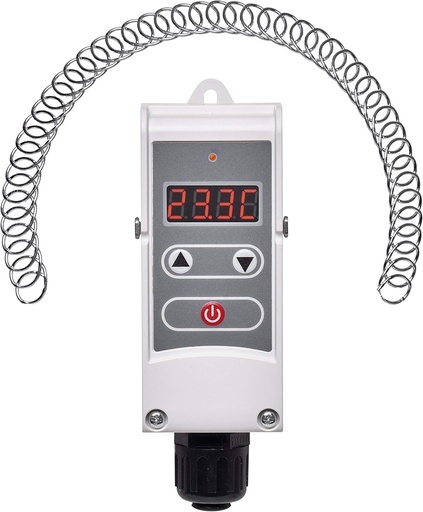 EMOS P5683 Termostat pentru montare pe suprafata cu sensibilitate de comutare reglabila, arc elicoidal si afisaj digital / Termostat pentru montare pe teava, interval de setare 5 °C pana la 80 °C, 45 x 45 x 110 mm