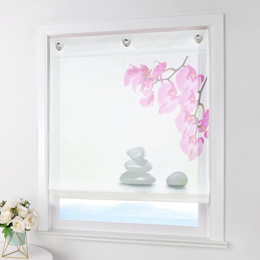 Jaluzeu roman ESLIR, fara gaurire, perdele de bucatarie, perdele cu ochiuri, jaluzeu transparent cu ochiuri, voal cu imprimeu floral, alb, 100x140cm (lxi), 1 bucata