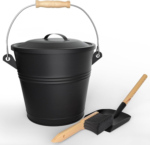 Galeata metalica pentru cenusa VOUNOT® cu capac, lopata si perie manuala, galeata pentru carbune si accesorii pentru semineu, semineu si soba pe lemne, capacitate 5L, neagra