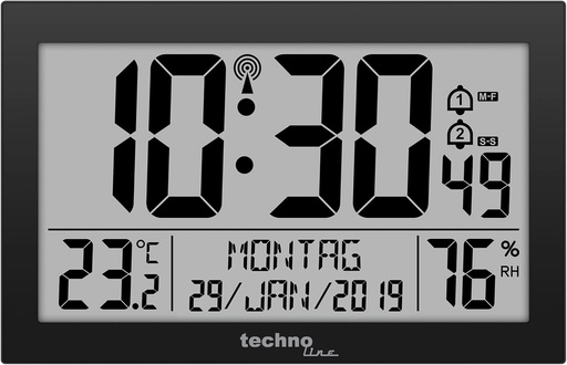 Technoline 8016 WS8016 Ceas de perete radiocomandat cu afisaj de temperatura, Plastic, Negru, 225 x 143 x 24 mm, WS8016 Negru, 225 x 24 x 143 mm