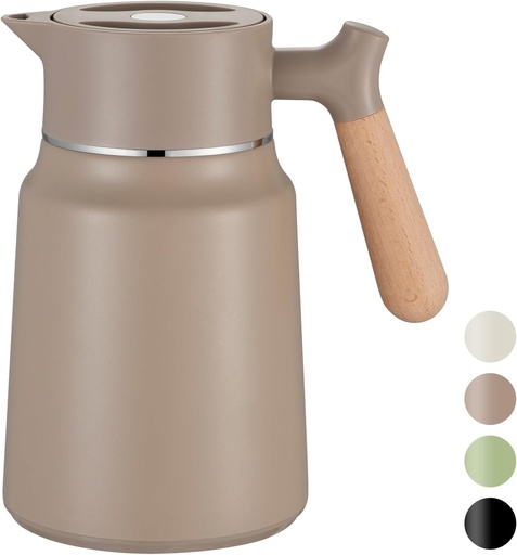 Termos VETIN 1,5L, ceainic termos din otel inoxidabil 304 cu pereti dubli, izolatie in vid, ulcior izolat cu maner cu aspect de lemn, cafetiera termos 10h cald / 16h rece (alb + bej)