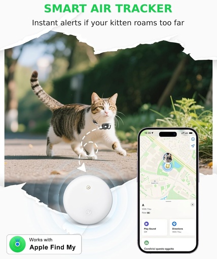Zgarda inteligenta de urmarire a animalelor de companie pentru pisici - Localizator de animale de companie cu suport, fara taxa lunara, compatibil cu Apple AirTag Find My (doar pentru iOS), dispozitiv de urmarire anti-pierdere pentru animale de companie