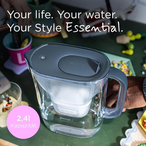 Cana filtranta BRITA Style Essential Stone Blue (2,4 l) incl. 1x BRITA MAXTRA PRO PURE PERFORMANCE pentru reducerea clorului, calcarului, PFAS si metalelor - Potrivita pentru usile frigiderului, cu indicator LED