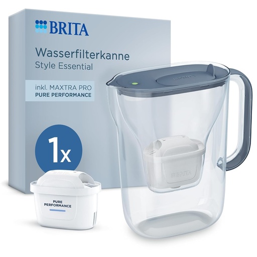 Cana filtranta BRITA Style Essential Stone Blue (2,4 l) incl. 1x BRITA MAXTRA PRO PURE PERFORMANCE pentru reducerea clorului, calcarului, PFAS si metalelor - Potrivita pentru usile frigiderului, cu indicator LED