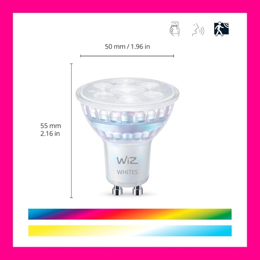 Spoturi LED WiZ GU10 reglabile, alb si colorat, pachet de 2 (345 lm), spoturi din sticla de 50 W cu 16 milioane de culori sau lumina reglabila de la alb cald la alb rece, control inteligent al luminii prin Wi-Fi, prin voce/aplicatie