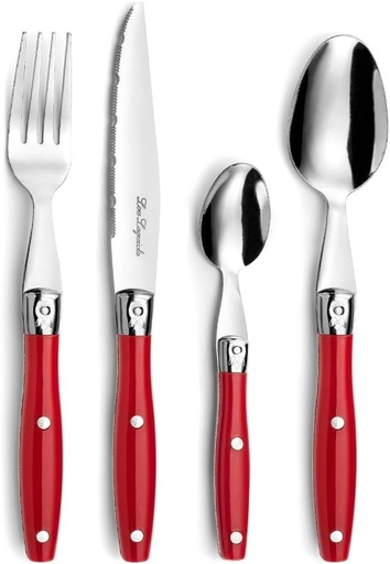 PRADEL ESSENTIEL - Set tacamuri 24 piese pentru 6 persoane - Blat - Otel inoxidabil 18/0, Finisaj standard - Rosu